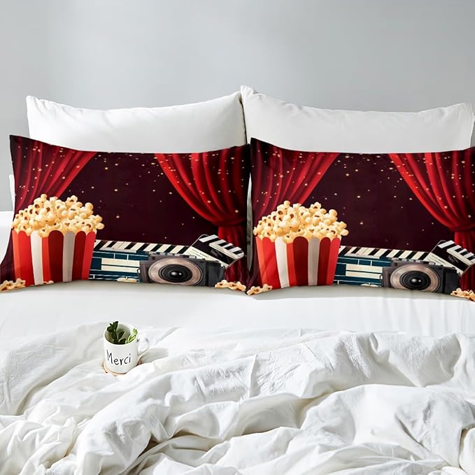 Erosebridal Movie Themed Sheet Set Queen Size Home Theater Decor Bed Sheets Set for Boys Girls Family Movie Film Sheets Film Lover Modern Fitted Sheet Vintage Theater Decor Flat Sheet