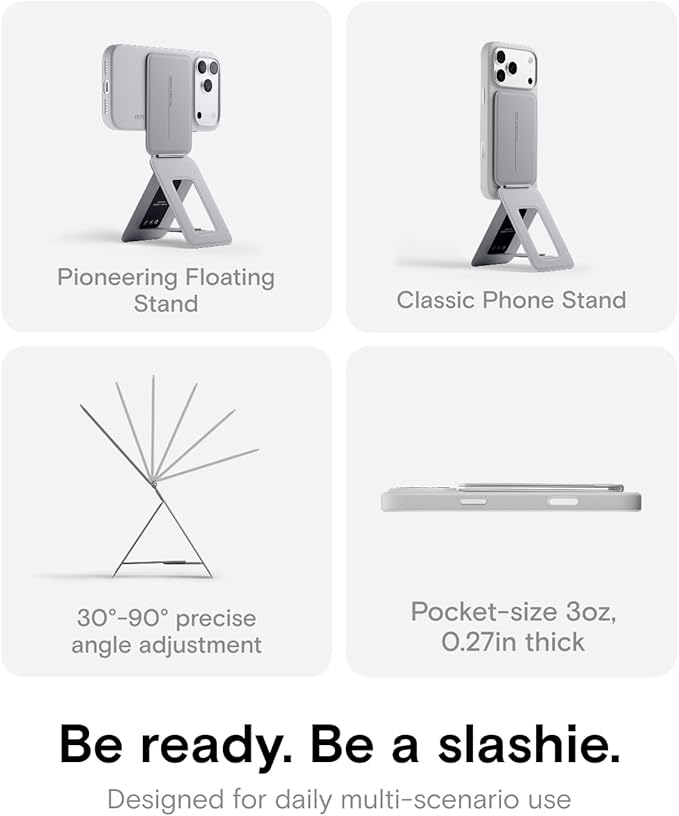 MOFT Phone Tripod Stand Selfie Stick for iPhone, Multi-Angles iPhone Stand, Lightweight & Portable Phone Holder, Strong Magnets, MOVAS Vegan Leather, Travel Essentials, Cement (Without Card Slot)