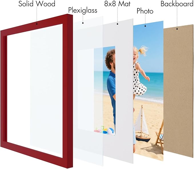 Vittanly 12x12 Picture Frame, Made of Solid Wood and Shatterproof Plexiglass, Display Pictures 8x8 with Mat or 12x12 without Mat, Wooden Photo Frame for Wall Mounting, Red, 1 Pack