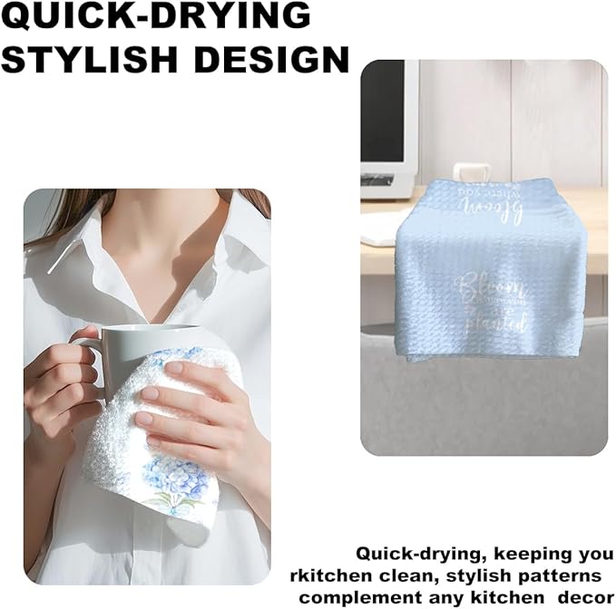 2Pcs Hydrangea Bouquet Kitchen Towels, 24x14 Inch Spring Butterfly Waffle Hand Towels for Kitchen Farmhouse Decor, Absorbent Durable Microfiber Dish Cloth Tea Towel, Home Gifts for Women Mom