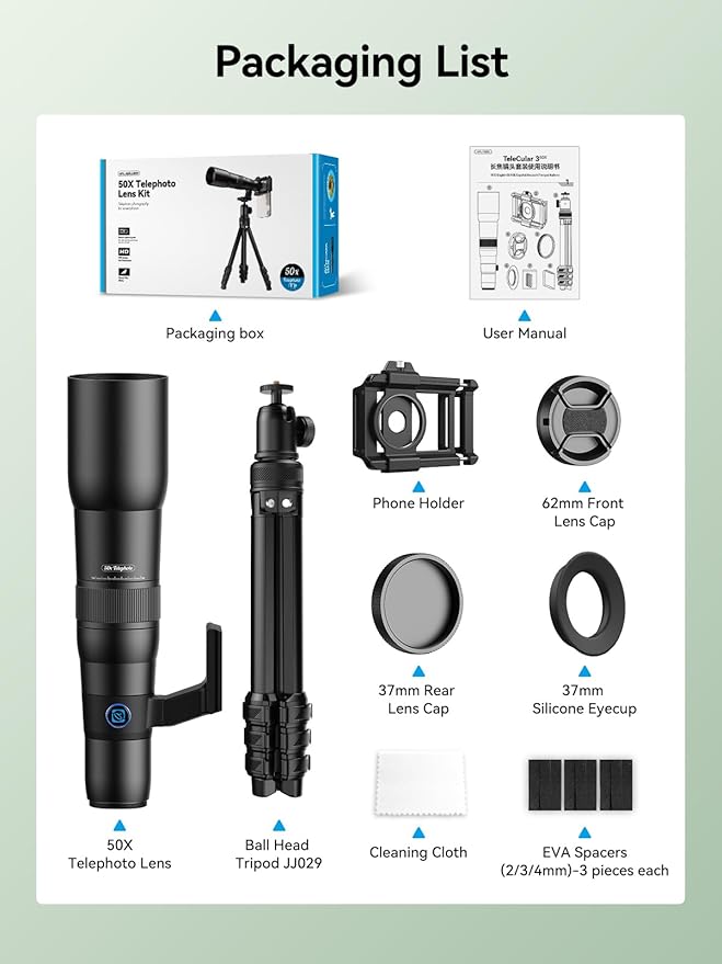 MIAO LAB 50X HD Ultra Telephoto Lens for iPhone and Most Smartphone, with Tripod & Universal Phone Clip, Suitable for Indoor and Outdoor Shooting and Watch Concert, Moon Viewing