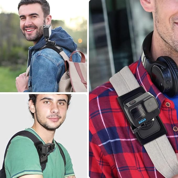 Reflex Camera 360° Rotation Backpack Shoulder Strap Mount Adapter Compatible with Go Pro Hero 13-9, Insta 360 X3/X2, D J I Osmo Action 3/2 – Hands-Free, Adjustable, Secure Action Camera Clip Mount