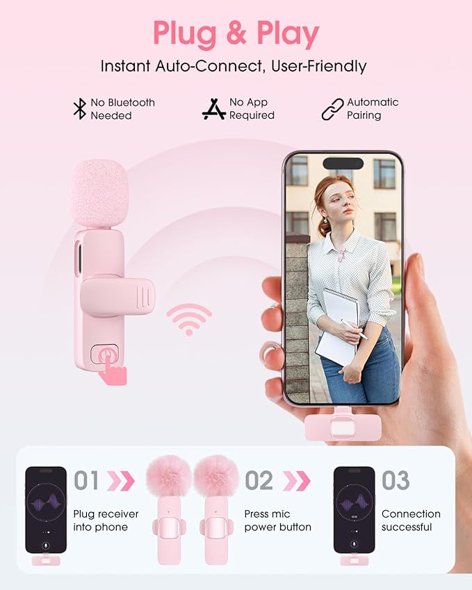Mini Wireless Lavalier Microphone for iPhone 16/15/14/Android, Lapel Mic with Noise Reduction, 12H, 65ft, Pink Tiny Microphone Content Creator Interview for Vlog YouTube TikTok Recording (Pink)