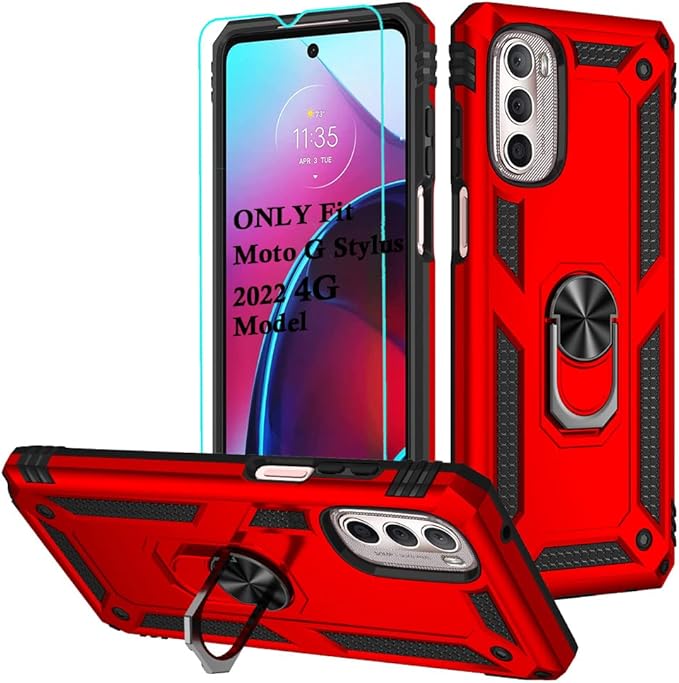 Androgate Compatible with Motorola Moto G Stylus 2022 4G Case with HD Screen Protector, Military-Grade Metal Ring Kickstand 15ft Drop Tested Shockproof Cover Case for Moto G Stylus 4G 2022, Red