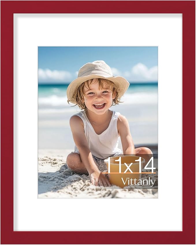 Vittanly 11x14 Picture Frame, Made of Solid Wood and Shatterproof Plexiglass, Display Pictures 8x10 with Mat or 8x10 without Mat, Wooden Photo Frame for Wall Mounting or Tabletop, Red, 1 Pack