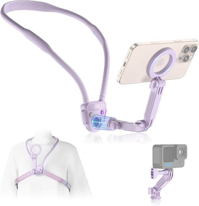 JJC Magnetic Neck Mount for Phone & Action Camera, POV Neck Holder for iPhone 17-12 Series Android Phones Gopro Insta360 with Quick Release & Angles Adjustment for Content Creating Women-Purple