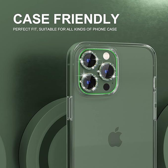 Choiche Compatible for iPhone 13 Pro/iPhone 13 Pro Max Camera Lens Protector Bling, 9H Tempered Glass Camera Cover Screen Protector Metal Ring Decoration Accessories (Glitter-Alpine Green)