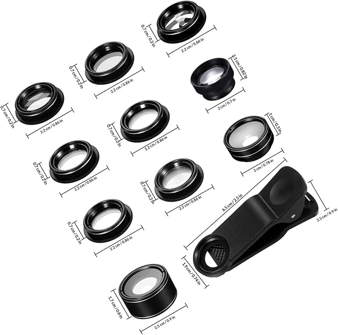 Beaupretty 11pcs Smartphone Camera Lens Kit with 198° Fisheye, 0.63x Wide Angle, Macro, 2X Telephoto, Cpl, Kaleidoscope, Star, Flow, Radial, and Soft Diffusion Lenses for Mobile Photography
