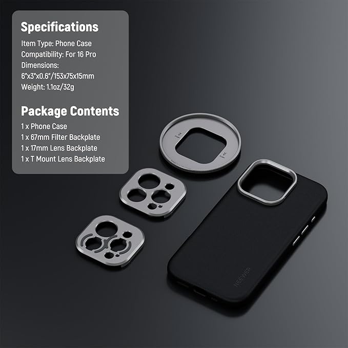 Neewer 16 Pro Max Phone Case, TPU/PC Nonslip Protective Phone Cover with Modular Backplates for 67mm Thread Filter/17mm Lens/T Mount Lens, Compatible with iPhone 16 Pro Max MagSafe Moment, PA084P
