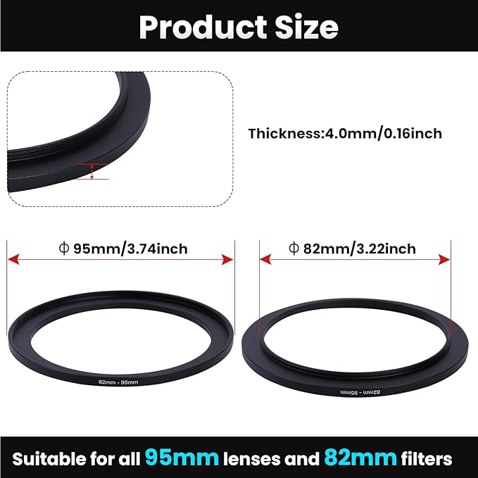 Metal Step Up Ring Filter Adapter - 82mm to 95mm - Metal Ring Step Up Rings Adapter Filter Compatible with All 95mm UV, CPL, ND, Lens Hood, Threaded Lens ect