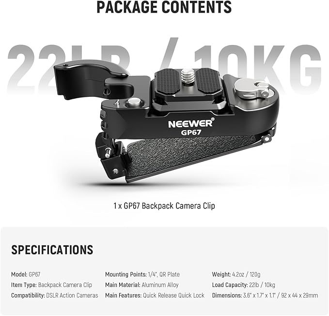 NEEWER Backpack Camera Clip Mount with Square QR Plate, Upgraded Safety Latch, Quick Release Camera Belt Clip Backpack Strap Compatible with PD QR System Canon Nikon Sony DSLRs, GP67