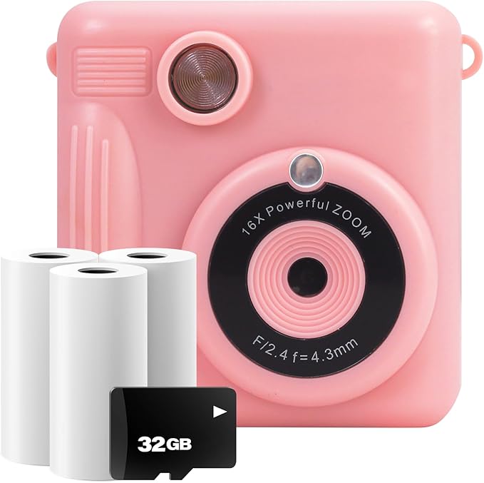 Magnavox MCC9063 Kids Camera with Low Cost Instant Print in Black & White, Print in Color from PC, Record 1080p Video, 32GB SD Card Incl., 2in LCD Display, Built-in Games, 3 Rolls of Paper Included