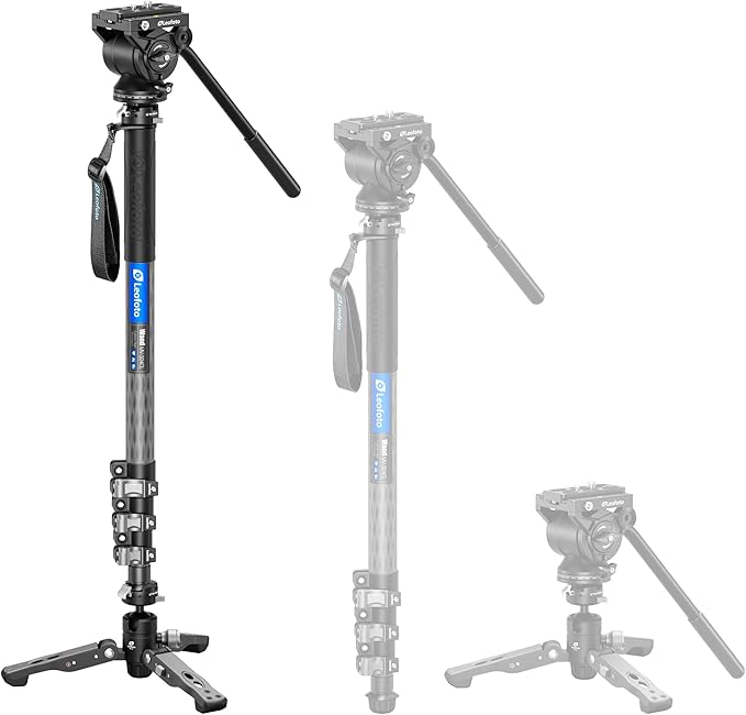 LEOFOTO Carbon Fiber Camer Monopod Kit, 63" Professional Video Monopod with Fluid Head and Folding Support Base for Video Cameras Camcorders