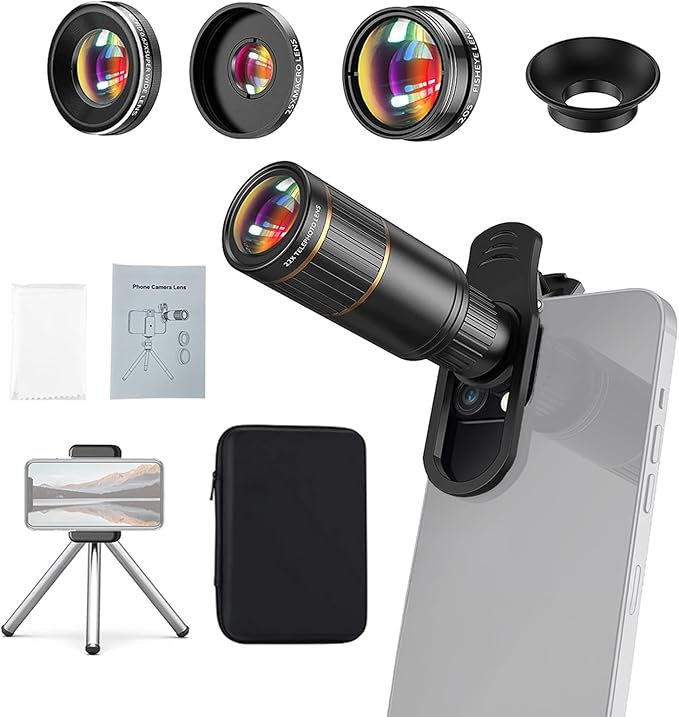 Andoer 4-in-1 Phone Lens Kit External Phone Camera Lens Set with 22X Telephoto Lens 205° Fisheye Lens 4K 0.67X Wide Angle Lens 25X Macro Lens Clip Phone Mini Tripod Replacement for iPhone 15/14/13/12