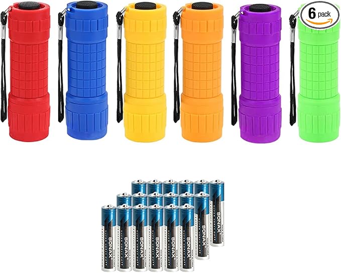 Small Mini Flashlights Pack of 6,Assorted Colors,New Type Cob Light,with 18 AAA Battery (6 Pack)