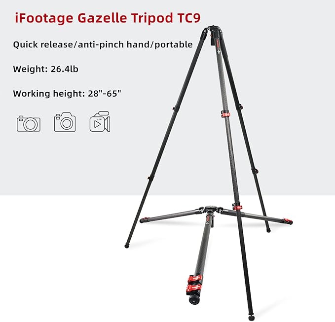 IFOOTAGE Gazelle TC9 Carbon Camera Tripod, 65" Professional Video Tripod 3 Sections with Quick Release Handle,Compatible with DSLR Camcorder