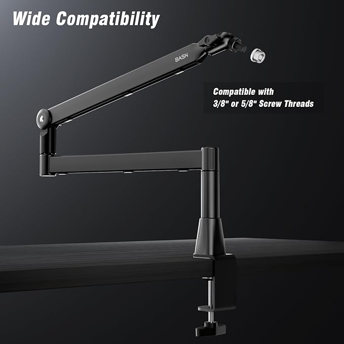 BASN Low Profile Mic Arm, Microphone Boom Arm Stand with Desk Clamp - Rotatable & Storable Design, Cable Management Channel, 3/8" to 5/8" Thread Adapter for Podcast, Gaming, Streaming, Vocal Recording