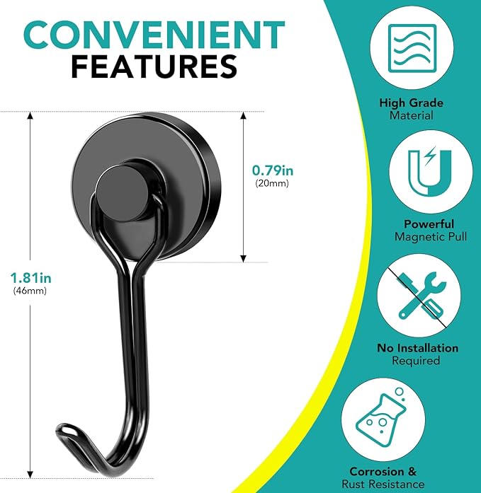 DIYMAG Black Magnetic Hooks, 40LBS Strong Magnetics Heavy Duty 2026 Cruise Cabin Ship Essentials Magnet Hook with Metal Hanger for Hanging Refrigerator Home Kitchen Office, 8Pack