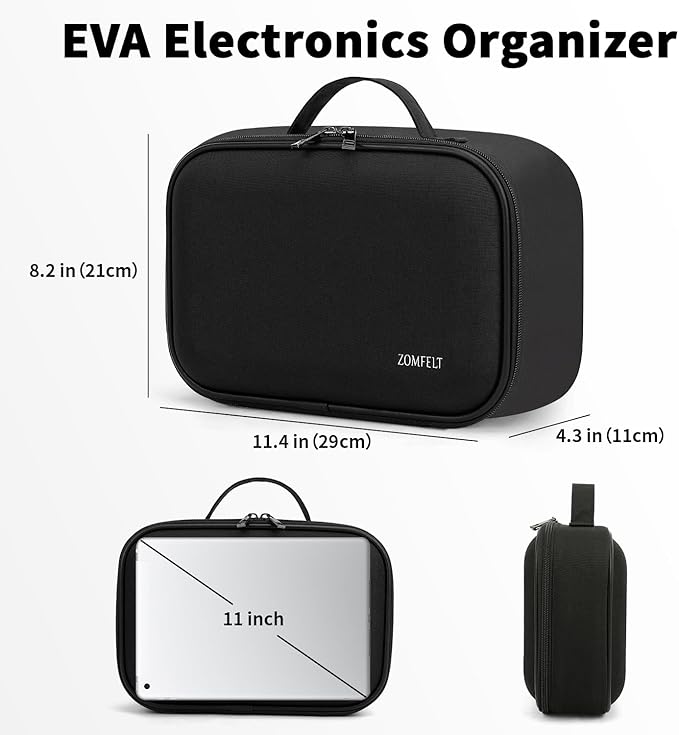 ZOMFELT Electronics Organizer Travel Case, Hard EVA Travel Organizer, Shockproof Bag Organizer, Double Layer Cord Organizers, Large Cable Organizers Bag, Tech Organizers for Men, Phone, Cord, Black