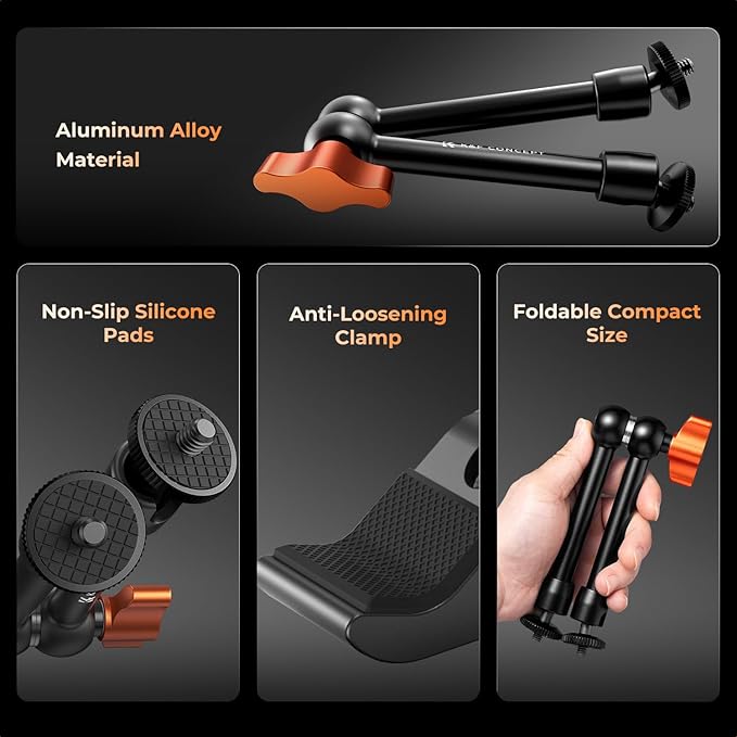 K&F CONCEPT 9.8" Magic Arm Clamp with Cold Shoes 360° Ball Heads Camera Arm Mount for Monitor/Flash/Microphone/DSLR Camera