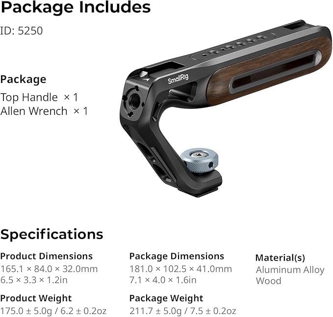 SmallRig Wooden Top Handle with Cold Shoe Mount, Lightweight Wooden Top Handle for Camera Cage, Load Capacity up to 10kg / 22lb, 3/8"-16 Locating Holes for ARRI & 1/4''-20 Threaded Holes - 5250