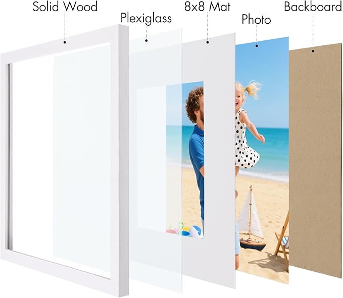 Vittanly 12x12 Picture Frame, Made of Solid Wood and Shatterproof Plexiglass, Display Pictures 8x8 with Mat or 12x12 without Mat, Wooden Photo Frame for Wall Mounting, White, 1 Pack
