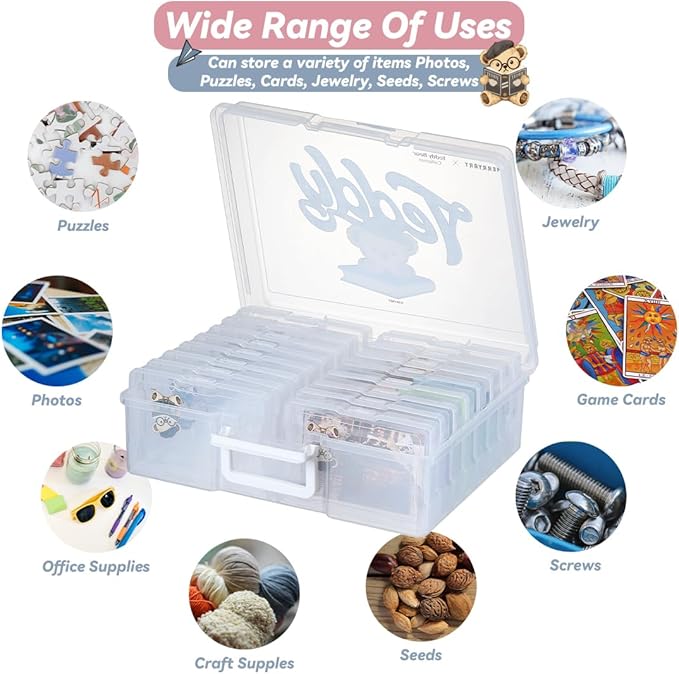 Party Club of America Photo Storage Box 4" x 6" Cases With Handle - 16 Inner Keeper (Clear-School style pattern)