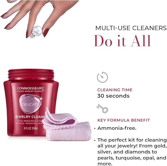 CONNOISSEURS All-Purpose Jewelry Cleaning Kit - Includes Delicate Jewelry Cleaner Solution and 2 Polishing Cloths