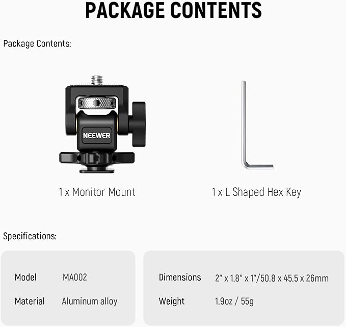 NEEWER Camera Monitor Mount with Cold Shoe, 1/4" Screw for 5" & 7" Field Monitor Compatible with Atomos Ninja V, 360° Swivel 180° Tilt Damping, MA002