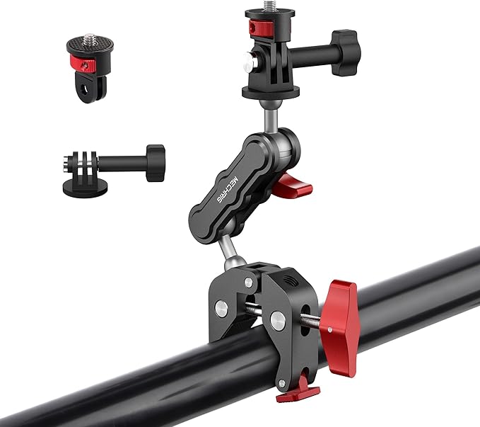 Camera Clamp Mount & 360°Ball Head Magic Arm with Adapter for Go pro, Aluminum Double Ball Head Adapters, Heavy Duty Super Clamp with 1/4"-20 & 3/8"-16 Thread (with 1/4" Conversion Adapter)-SJ009