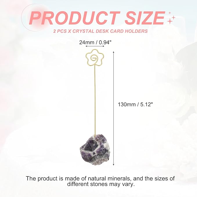 PATIKIL Table Number Holder, 2Pcs Photo Clip Holders Crystal Stone Quartz Desk Card Holder Raw Flower Shape Iron Memo Note Photo Stand for Wedding Party Home Office Decor, Purple