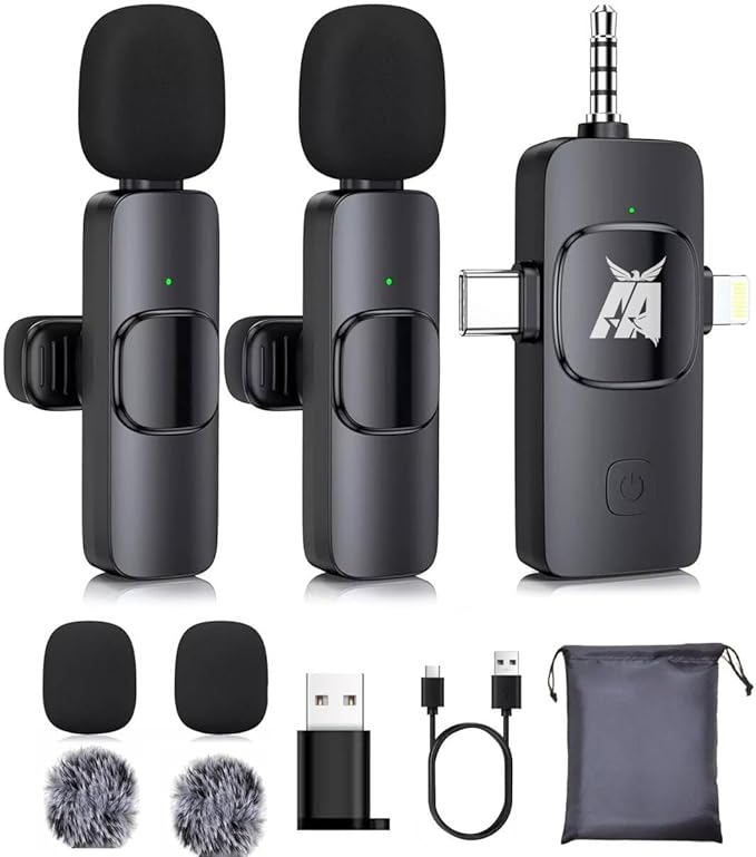 Aarkani Wireless Lavalier Microphone 3-in-1 for iPhone, Android, DSLR Camera – Dual Mic Set with Receiver (Lightning, USB-C, 3.5mm), Plug & Play for Video Recording, YouTube, Vlog, Interview