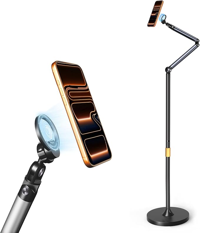 Magnetic Phone Floor Stand, Aluminum iPhone Overhead Stand with Adjustable Arm & Remote for Multi-Angle Creative Shooting, Stable Stand for iPhone/Android