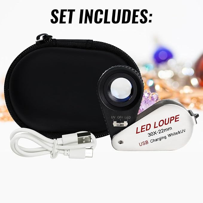 30x Jewelers Loupe Magnifier with UV & LED Lights, 22mm Triplet Lens Rechargeable Jewelers Loupe Foldable Jewelry Magnifier Portable Jewelry Magnifier Inspection Loupe for Gems, Jewelry, Coins, Rocks
