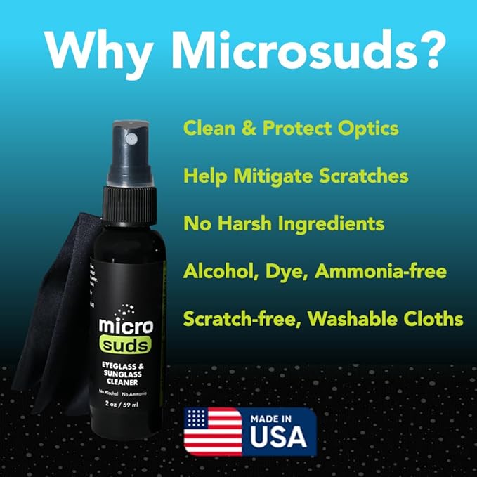 Microsuds Advanced Eye glass Cleaner Spray Kit | (2x) Glass Cleaner Sprays 2oz & (2x) Glasses Cleaning Cloth | Formula Mitigates Scratches for Eyeglasses, Laptop, Screens | USA MADE (4 piece set)
