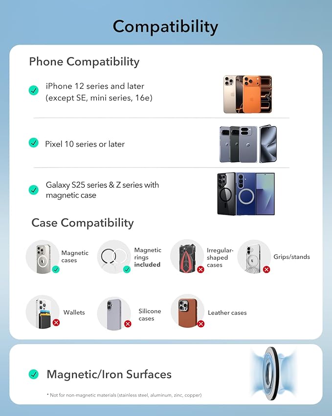 ESR for MagSafe Phone Grip, Dual-Side Magnetic Phone Grip,360° Adjustable Thin Magnetic Ring Holder Stand,for iPhone 17 16 15 14 13 12, Samsung,All Phones, MagSafe Accessories (2 Metal Rings Included)