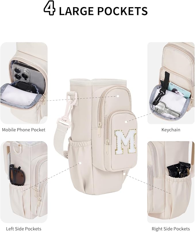 sportsnew Birthday Gifts for Women Personalized Initial Water Bottle Holder with Strap fits most 40oz Tumbler with Handle Water Bottle Carrier Bag with Phone Pocket & Straw Topper Tumbler Accessories