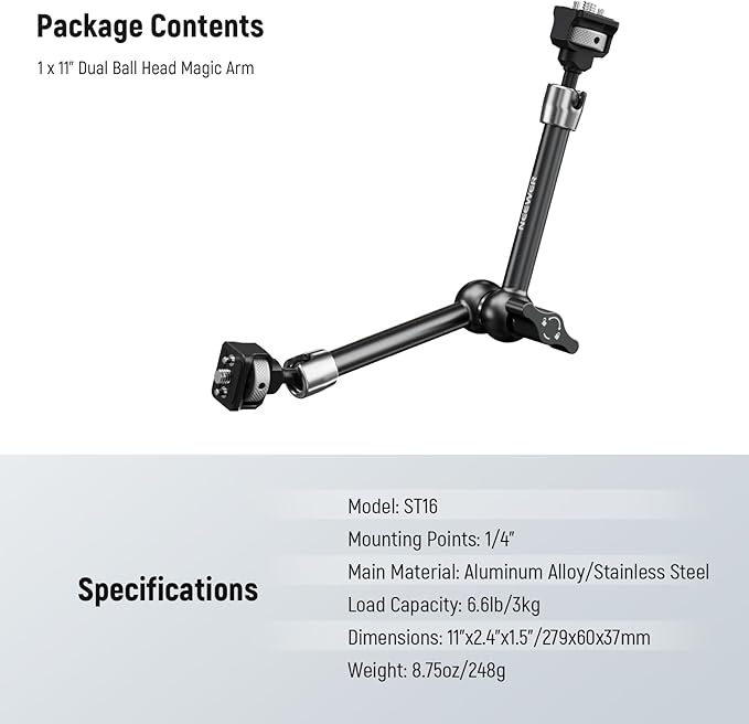 NEEWER 11" Articulating Magic Arm with 360° Ball Heads & Locating Pins for ARRI, Camera Monitor Mount with 1/4" Screws for DSLR Action Camera Monitor Video Light Compatible with SmallRig Cage Rig,ST16