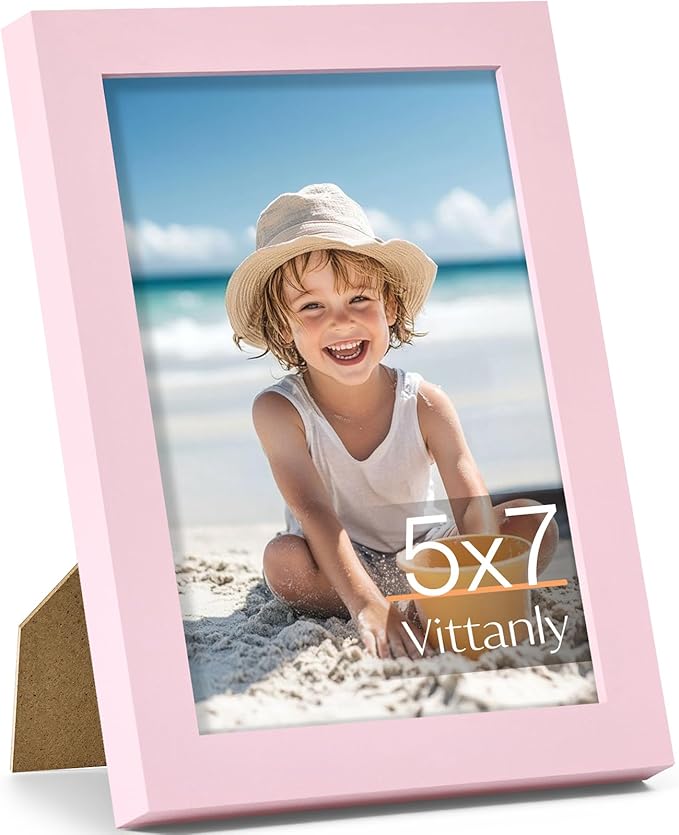 Vittanly 5x7 Picture Frame, Made of Solid Wood and Shatterproof Plexiglass, Wooden Photo Frame for Wall Mounting or Tabletop Display, Picture Frame for Home Decor with Stand, Pink, 1 Pack