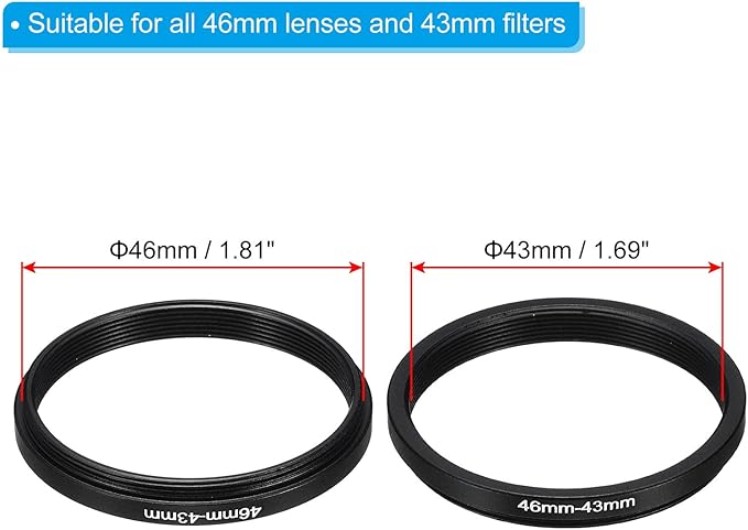 PATIKIL 46mm-43mm Metal Step Down Ring with Cleaning Cloth, 2 Pack Camera Lens Filter Adapter Ring Aluminum Filter Adapter Ring for Camera Lenses Hood, Black