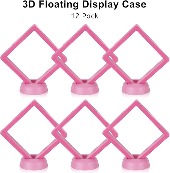 12PCS 3D Floating Frame Case with Stands, Challenge Coin Display Stand Holder, Gift Packing Showcase for Earrings, Jewelry, Medallions, Specimens, 3.54x3.54 Inch (Pink)