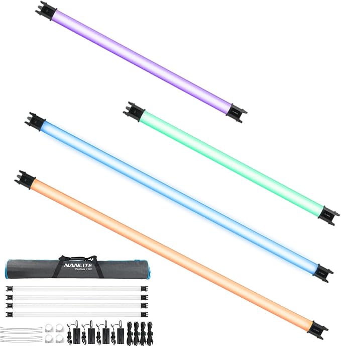 NANLITE PavoTube II RGBWW LED Light Tube, Color RGBWW LED Pixel Tube Photography Handheld LED Video Lighting Wand with AC Chargers, Mounts, and Case Battery Powered(PavoTube II 30C 4Kit)