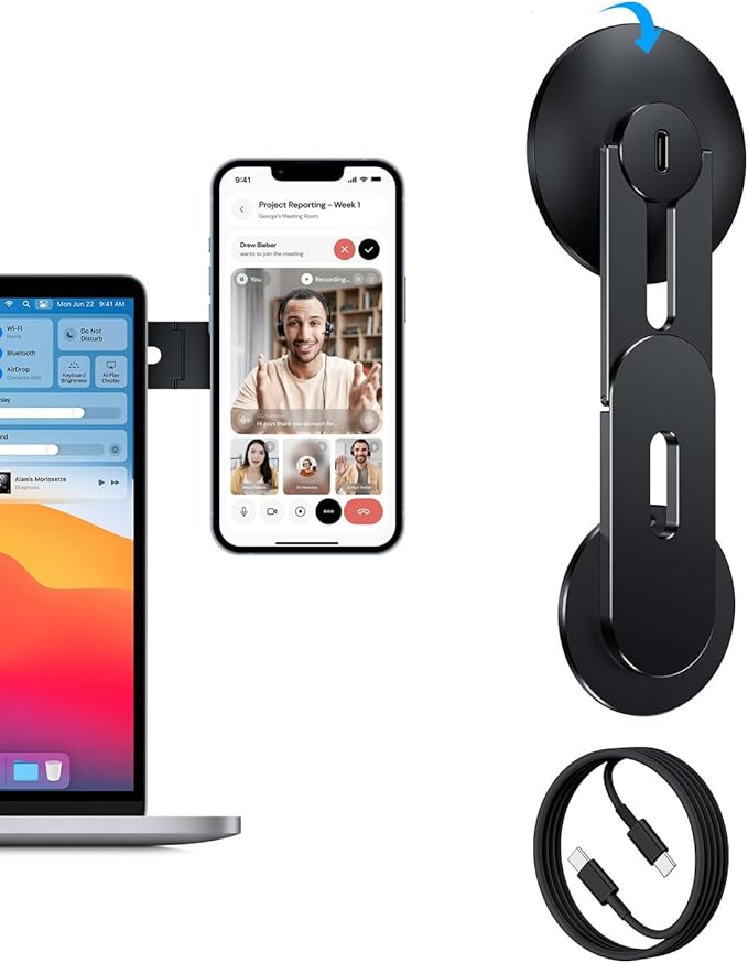 Magnetic Phone Holder for Laptop, MagSafe Laptop Phone Mount with Wirelesss Charger for iPhone 17/16/15/14/13/12, Magnetic Phone Mount for Tesla Model 3 Model Y/X/S (Black)