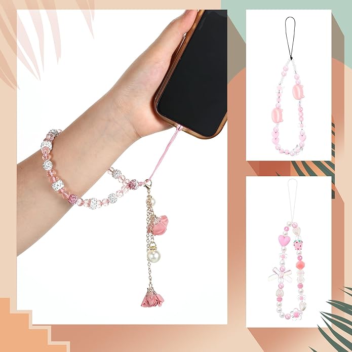 Ecally 3 Pcs Phone Charms Strap Camera Charm Strap Pearl Beaded Butterfly Bow Flower Cute Phone Wrist Lanyard Bracelet for Camera Keychain Wallet Decor Easter Gifts