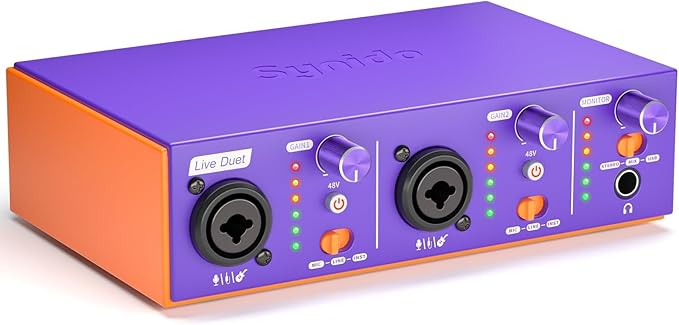 Synido Live Duet USB C Audio Interface for Recording Music, Streaming, Podcasting with Dual XLR, Line Input, 24bit/48kHz, 48V Phantom Power, 2-channel, Purple