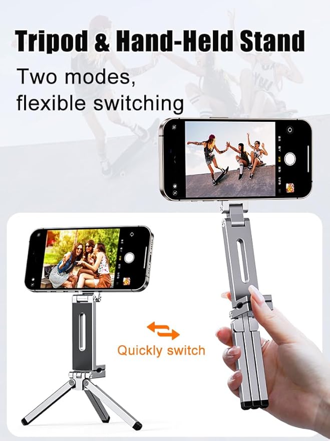 360° Rotating Phone Stand, Adjustable Aluminum Magnetic Phone Tripod for iPhone,Clipable, Foldable Airplane Travel Essentials Accessories