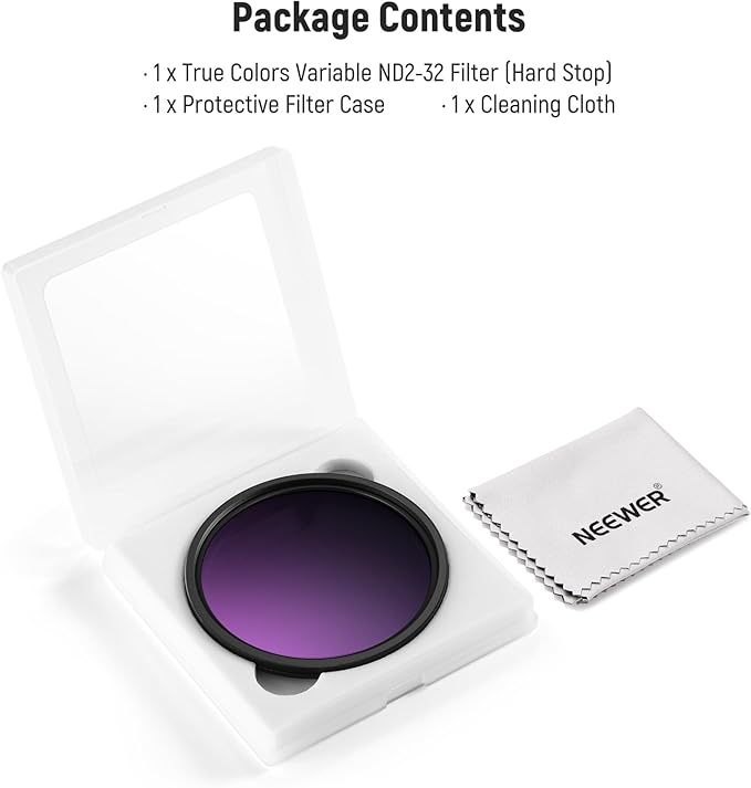 NEEWER 62mm True Colors Hard Stop Variable ND Filter ND2-32 (1-5 Stops) Limited Neutral Density Filter, Multi Coated HD Optical Glass/No X Cross/Aluminum Frame/Water/Scratch/Fingerprint Resistant