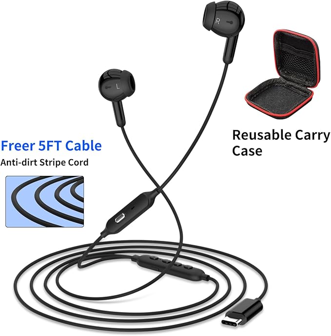 APETOO USB C Headphone Wired Earbuds with 2 EQs - Bass Boost & Clear Vocal, Microphone, Volume Control, Mute Button, Noise Isolating Type C Earphones for iPhone 17 16/iPad/Samsung S25/Pixel 10/Android