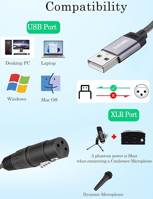 DUKABEL USB Microphone Cable, Upgraded XLR to USB-A Cable with 24bit/96KHz XLR Recording Cable for Podcasting Recording, 1.8M/6FT Mic Adapter for PC, Laptop
