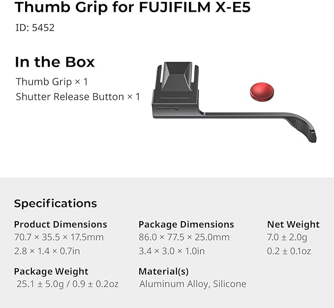 SMALLRIG Thumb Grip with Hot Shoe Cover for FUJIFILM X-E5 (Black) - 5452